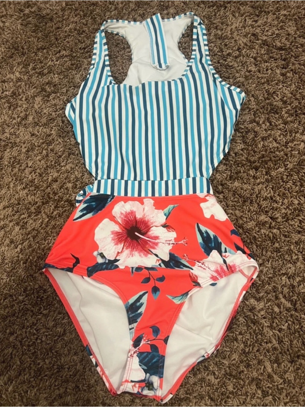 Striped & Floral One-Piece Swimsuit — Teal Stripe & Coral Floral
